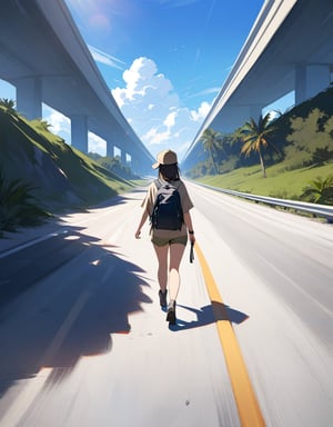 (masterpiece, top quality), high definition, artistic composition, 1 woman, Florida, straight freeway, walking, shimmer, hot, blue sky, perspective, backpacker, khaki cap, wasteland