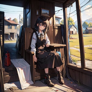 Masterpiece, top quality, high definition, artistic composition, 1 girl, small house on prairie, western home, front porch, sitting girl, battered and decayed humanoid robot, retro-future


