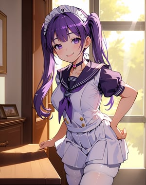 (masterpiece, top quality), high definition, artistic composition, 1 girl, maid outfit like sailor suit, twin tails, hand on waist, dining room, bent over, squinting and smiling, purple hair, choker, backlight, cupboard, white pantyhose