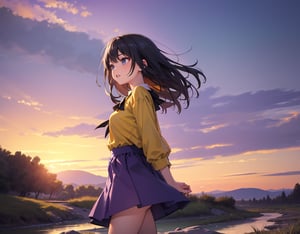 Masterpiece, Top quality, High definition, Artistic composition, 1 girl, from side, walking, hands behind back, looking away, lonely smile, mouth open, talking, dusk, riverbed, yellow-green shirt, purple skirt, striking light, portrait, looking away, looking up to heaven,breakdomain