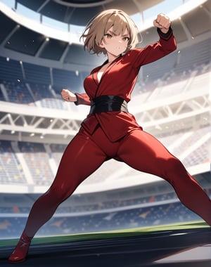 Masterpiece, Top Quality, High Definition, Artistic Composition,1 girl, short hair, red wrestling costume, in fighting pose, thick eyebrows, serious face, stadium, front view, powerful, legs open and poised, jujitsu
