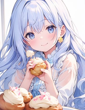 Masterpiece, Top quality, High definition, Artistic composition, One girl, eating cream puffs, cream around mouth, smiling, close-up of face, light blue clothing