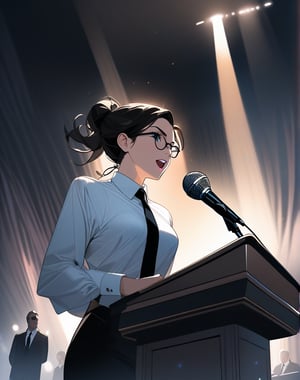 (masterpiece, top quality), high definition, artistic composition, 1 woman, dark hair, hair tied back, glasses, shouting, speaking on podium, microphone and microphone stand, illuminated light, striking light, dramatic, white shirt, black tie, black pants, from below, bold composition, powerful, lectern,girl