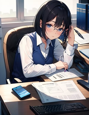 (masterpiece, top quality), high definition, artistic composition, 1 female, childlike, expressionless, large dark rimmed glasses, straight hair, bob cut, operating laptop, looking at me, sitting at desk, office, blue office vest, cutter shirt, somber, desk job, pen and slip on desk at work, 