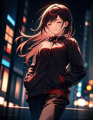 ((masterpiece, top quality), high definition, artistic composition, 1 woman, hands in pockets, eyes closed, smiling, looking away, downtown at night, blurred background, red cutter shirt, black easy pants, walking lightly, striking light, dramatic, diagonal composition, one curl outward, Stylish