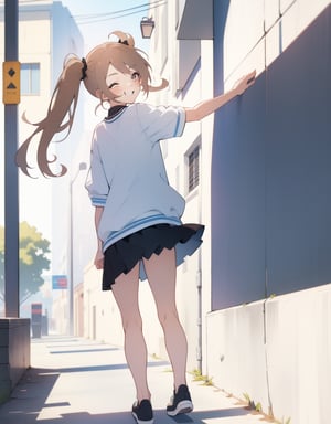 (Masterpiece, Top Quality), High Definition, Artistic Composition, 1 girl, twin-tail hair, childish, casual fashion, skirt, flipping skirt, wearing shorts, squinting and smiling, from front, from bottom, girlish gesture, school street, back alley