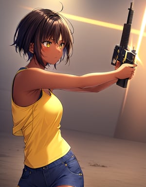 (masterpiece, top quality), high definition, artistic composition, 1 girl, brown skin, yellow tank top, navy blue shorts, holding pistol, reaching, action pose, looking away, twisting, short hair, spotlight, lively, suspense, dark