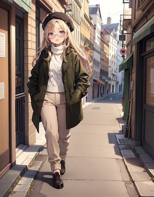 Masterpiece, Top Quality, High Definition, Artistic Composition, One girl, walking down the street, front view, looking away, smiling, round frame glasses, black beret, olive jacket, white knit, brown pants, khaki sneakers, casual, portrait, monotone street scene, French style, Low Saturation.