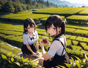 Masterpiece, top quality, high definition, artistic composition, several women, Japan, Shizuoka Prefecture, tea plantation, bent over taking tea leaves, work clothes, smiling, talking, looking away, wide shot