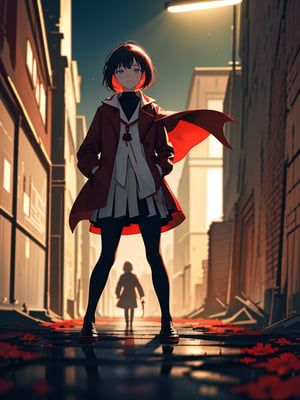 Masterpiece, Top Quality, 1 girl, short hair, red coat, red cape, black shirt, white skirt, beige bag, black pantyhose, hands in pockets, blue eyes, walking, dirty Japanese back alley, night, red street lamp, wet ground, scary atmosphere, high definition, composition from below, drizzle, red flowers in bloom, fish-eye lens, focus on feet, unstable, messy picture, backlight, shadow behind,<lora:659111690174031528:1.0>