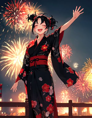 (masterpiece, top quality), high definition, artistic composition, 1 woman, black with red flowers yukata, hair tied up, black hair, right arm up waving, eyes closed, mouth open laughing, crowd behind, beautiful big fireworks in background, night, summer, dramatic, from front, cowboy Shot, standing tall.