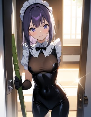 (Masterpiece, Top Quality), High Definition, Artistic Composition, 1 girl, anime, purple maid outfit, cleaning with bamboo broom, doorway, open door, morning sun, backlight, catsuit, gentle smile, dramatic,