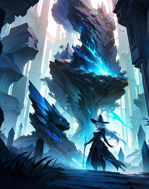 Masterpiece, top quality, high definition, artistic composition, animation, 1 woman, witch, holding a wand, glowing, earth cracking and rising, stone rubble, fantasy, magic, attack, dynamic composition, action pose, looking away