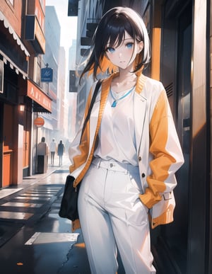 (Masterpiece, Top Quality), High Definition, Artistic Composition, 1 Woman, White Shirt, Blue Wide Pants, Orange Cardigan, Black and White Street Scene, Casual Fashion, Portrait,girl