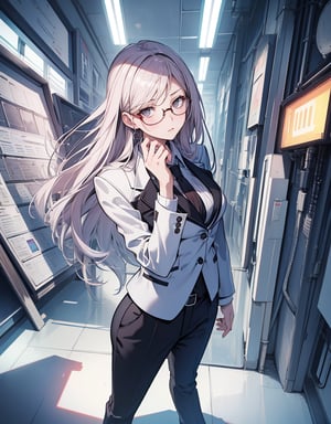 (masterpiece, top quality), high definition, artistic composition, 1 woman, female analyst, business suit, wearing glasses, tilted head, hand on chin, troubled, graph of economic indicators in background, pastel tones, standing, frontal, gaze upward