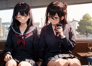 Masterpiece, top quality, high definition, artistic composition, 2 girls, sitting in a family restaurant, talking, looking away, one angry, one laughing, portrait, students, Japan, one looking at phone, school uniform