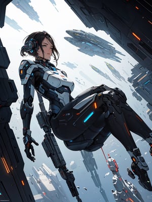 Masterpiece, Best Quality,1 female, weightless, floating, mechanical armor, sexy, gun in hand, spaceship factory in space, space view from inside, dark background, no earth, photo, futuristic, high definition, looking up, artistic composition, science fiction, cyberpunk,breakdomain