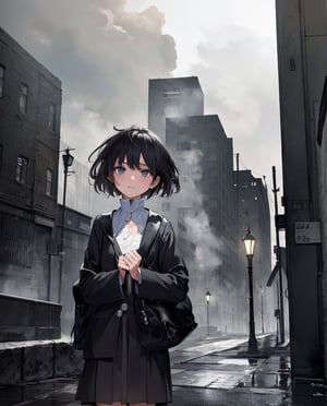 Masterpiece, Top Quality, High Definition, Artistic Composition, 1 girl, blank expression, white shirt, black skirt, 1960s London streets, short hair, poor clothing, gray sky, big factory, lots of chimneys, lots of smoke coming from big chimney, melancholy, dark, wide shot, portrait, slum, black fog, 13-year-old girl, looking away, yellow street lamp