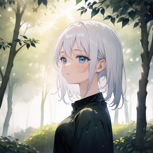Masterpiece, Top Quality, High Definition, Artistic Composition,1 woman, sad face, bust shot, wet, raining, silver hair, blue eyes, wet t-shirt, backlit, light shining, beautiful trees green, high contrast