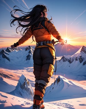 Masterpiece, Top Quality, High Definition, Artistic Composition,1 Woman, mountaineering outfit, summit, standing on top of Mount Everest with arms and legs outstretched, from behind, backlight, golden sunrise light, high contrast, magnificent nature, dramatic