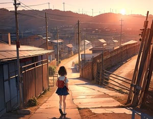 Masterpiece, top quality, high definition, artistic composition, anime, 1960s Japan, downtown, sunset, dirt road, wooden telegraph pole, empty lot, little girls talking and walking, leaving school, school road, shadow extending on ground, bold composition, everyday life, striking light, Showa era landscape