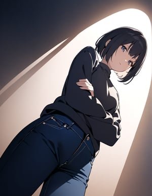 (masterpiece, highest quality), high definition, artistic composition, 1 woman, standing, expressionless, arms crossed, looking down, backlit, looking down, from below, trainers, jeans, bob cut, dramatic