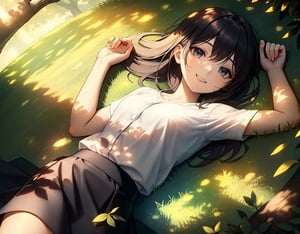 (masterpiece, top quality), High definition, Artistic composition, 1 girl, lying in large, lying on grass, smiling, sunlight through trees, shadow of leaves, pleasant, wind blowing, white shirt, dark blue skirt, An aerial view, Dutch angle

