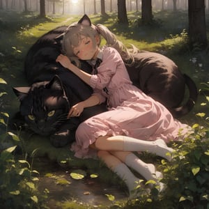  (masterpiece, top quality), high definition, artistic composition, 1 girl, ugly huge cat sleeping, girl sleeping on that cat, little girl, pink dress, twin tails, in the forest, beautiful sunlight, fantasy, animation