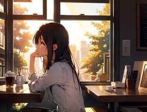 Masterpiece, Top Quality, High Definition, Artistic Composition, 1 girl, crying, reading, coffee shop, window seat, coffee cup, handkerchief, light shining through, late afternoon, side view