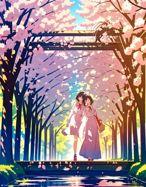  Masterpiece, Top Quality, High Definition, Artistic Composition, 2 girls, smiling, smiling with mouth open, walking and talking, cute gesture, tunnel of cherry trees in watercolor style, spring coordination, portrait, cherry blossom in full bloom, wide shot, cherry blossom frame, pastel colors, action pose,girl,<lora:659111690174031528:1.0>