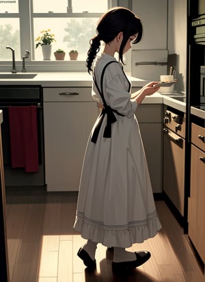 Masterpiece, top quality, 1 girl, back view, kitchen, kitchen, cooking, standing, morning, beautiful light, high definition, sober clothes, apron, domestic, bright, country, steam,best quality,breakdomain,masterpiece,incredibly absurdres, mother,<lora:659111690174031528:1.0>