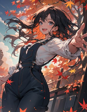 (masterpiece, top quality), high definition, artistic composition, 1 woman, long hair, hands outstretched, white shirt, khaki overalls, frolicking, open mouth smile, spinning, from below, cowboy shot, Dutch angle, autumn sky, country fashion, vibrant, bold composition, looking away