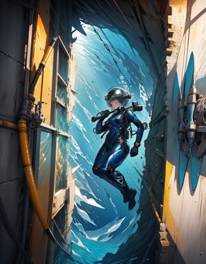 (masterpiece, top quality), high definition, artistic composition, 1 girl, retro diving suit, large glass helmet, underwater, exploring, beautiful seascape, striking light