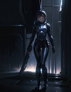Masterpiece, Top Quality, High Definition, Artistic Composition, 1 Girl, Black Combat Bodysuit, Android Style Armor, Shining Blue, Steel, Near Future, Science Fiction, Frontal Composition, Nioi, Darkness, Blending Into Darkness, Perspective, Wide Shot, Pitch Black Warehouse, Cold, Lonely