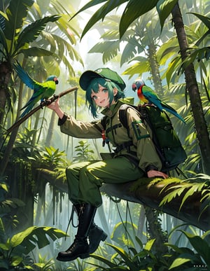 Masterpiece, Top Quality, High Definition, Artistic Composition, One girl, explorer, sitting, green exploration outfit, beige pants, blue cap, jungle boots, smiling, reaching out, composition from above, large backpack in place, dark jungle, green, parrot and parakeet flying, paradise, Sunlight through trees, high contrast, wide shot