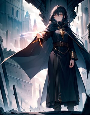 (masterpiece, top quality), high definition, artistic composition, 1 woman, wizard's robe, standing tall, (right arm held out in front, reaching), expressionless, golden eyes, looking down, dark background, large lightning, wide sky, ruins, fantasy, striking light