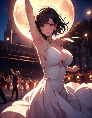 masterpiece, top quality, high definition, artistic composition, animation, France, one woman, dancing ballet, outdoor stage, big moon, spotlight, action pose, dynamic composition, striking light