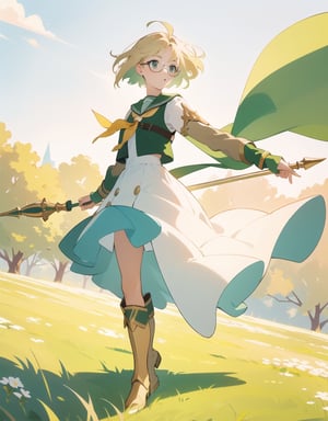 Masterpiece, Top Quality, High Definition, Artistic Composition,1 girl, green sailor-like battle dress, holding stylish spear, wind blowing, green meadow, short blond hair, gold-rimmed round glasses, warrior, fantasy, white and gold boots, bold composition, smiling,photograph,girl