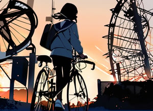 masterpiece, best quality, 1 girl, 13 years old, girl, sailor suit, school uniform, walking, pushing bicycle, riverside, dusk, sunset, dim sky, school road, high definition, Japan, artistic composition, backlight, silhouette, composition from the side, composition from below
