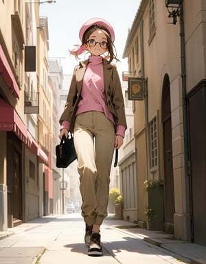 Masterpiece, Top Quality, High Definition, Artistic Composition, One Girl, Walking in the Street, Front View, Looking Away, Smiling, Round Frame Glasses, Pink Beret, Olive Jacket, White Knit, Brown Pants, Khaki Sneakers, Casual, Portrait, Monotone Street Scene, French style, low saturation.,girl