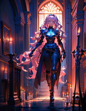 (masterpiece, top quality), high definition, artistic composition, 1 girl, pink wavy hair, hair band, slender jet black armor, blue eyes, from front, standing tall, sword in both hands, chin drawn, glaring, dungeon, dark, candle light, perspective, fantasy, mature