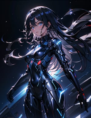 Masterpiece, Top Quality, High Definition, Artistic Composition, 1 Girl, Black Combat Bodysuit, Android Style Armor, Shining Blue, Steel, Near Future, Science Fiction, Frontal Composition, Nioi, Darkness, Blending Into Darkness, Perspective, Wide Shot, Pitch Black Warehouse, Cold, Lonely