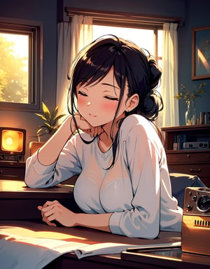 Masterpiece, Top Quality, High Definition, Artistic Composition,1 girl, living room, sleeping with face on table, (retro radio on table), sleeping with eyes closed, warm light, loungewear, hair tied back, pleasant