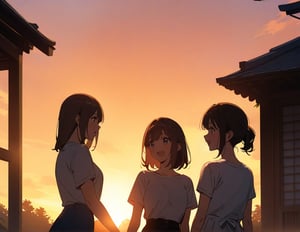 (masterpiece, top quality), high definition, artistic composition, 3 girls, casual fashion, sunset, backlighting, Japanese countryside, walking, beautiful nature, talking, excited, exaggerated gestures, girlish gestures, portrait, film style, striking light, looking happy, from the side, looking away, Summer, T-shirt, Clothes