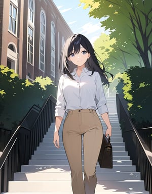 (masterpiece, top quality), high definition, artistic composition, 1 woman, college student, long black hair, college campus, college campus, white shirt, beige pants, descending stairs, talking, looking away, smiling, second bag, papers under arm, bright sunlight, large steps, outdoors, street trees, Stylish, large gestures