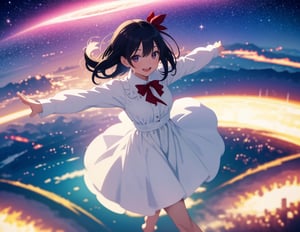 Masterpiece, Top Quality, 1 girl, flying, open mouth smiling, magic circle, white dress, hand out, barefoot, beautiful nature, retro cityscape, fisheye lens, high definition, artistic composition, composition from above, feet up, action pose, big red ribbon, blurred distant view, motion blur, dancing white light, feet up, cowboy shot,breakdomain,<lora:659111690174031528:1.0>