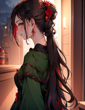 Masterpiece, Top quality, High definition, Artistic composition, 1 girl, Close-up of face, from behind, long hair, dark hair, hair up, nape of neck, red earring, smile, dark green dress, eye shadow, night town