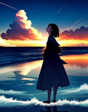  Masterpiece, top quality, high definition, artistic composition, 1 girl, back view, looking up to the sky, sea, striking sky color, lots of light falling from the sky, wide shot, magnificent nature, fantastic,<lora:659111690174031528:1.0>