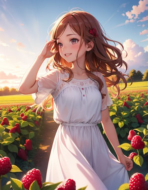 Masterpiece, Top quality, High definition, Artistic composition, 1 girl, raspberry field, picking raspberries, looking away, girlish gesture, white dress, morning dew shining, beautiful light, striking light, bold composition, smiling, chestnut hair, wavy hair, composition from below