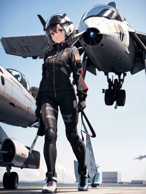masterpiece, top quality, 1 girl, pilot suit, helmet in hand, walking, air force base, runway, fighter jet, high definition, artistic composition, wide shot, fantastic sky color, science fiction